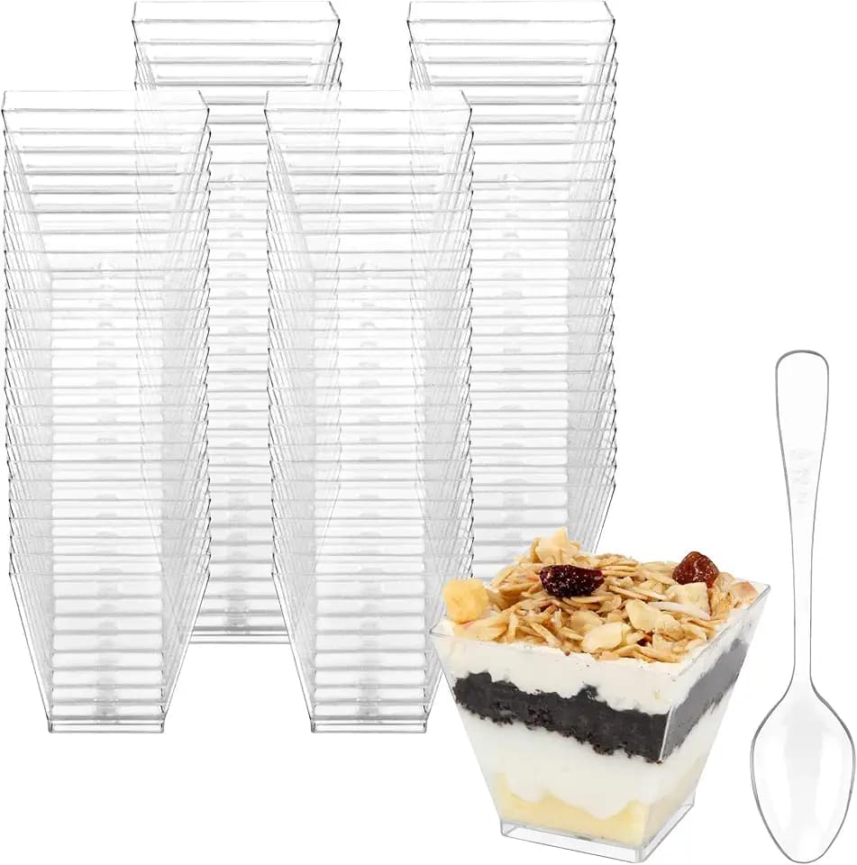 Colovis Mini Dessert Cups, 200 CT 2oz Clear Plastic Parfait Appetizer Cups with Spoons Mini Square Dessert Bowls for Serving, Tasting (200)