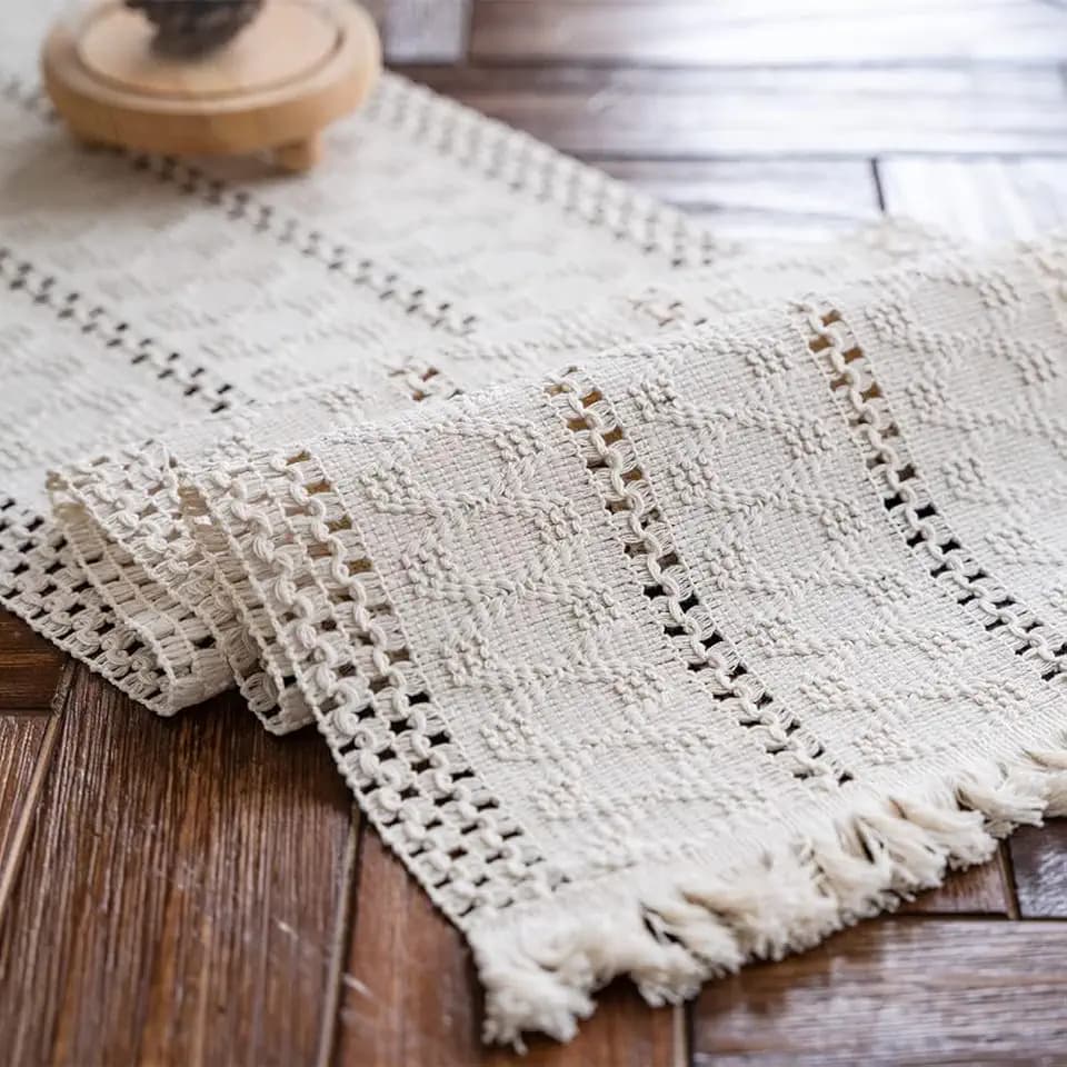Macrame Table Runner Cream Beige Boho Table Runners with Tassels 12x48in