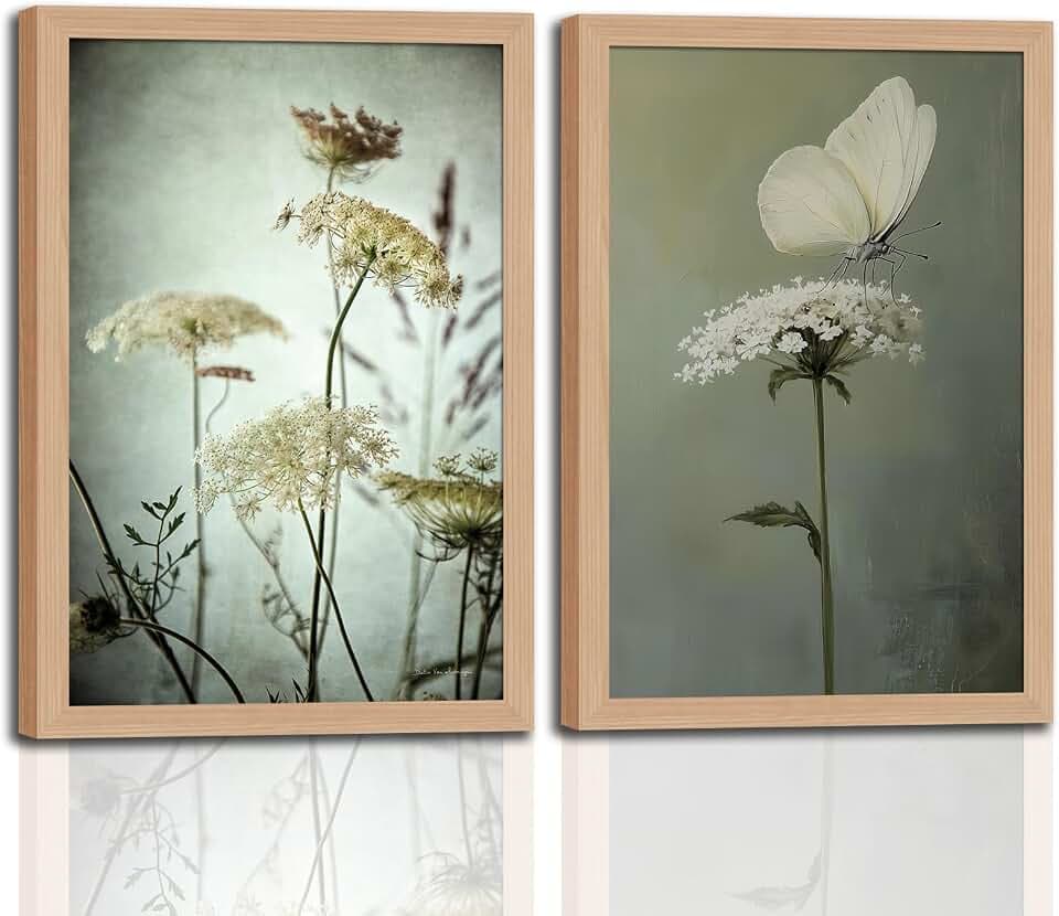 2Pcs Framed Vintage Wall Art Moody Elegant Green radish flowers and Butterfly Canvas Painting Rustic Floral Poster Artwork for Bathroom, Bedroom, Living Room,wooden frame16x24in