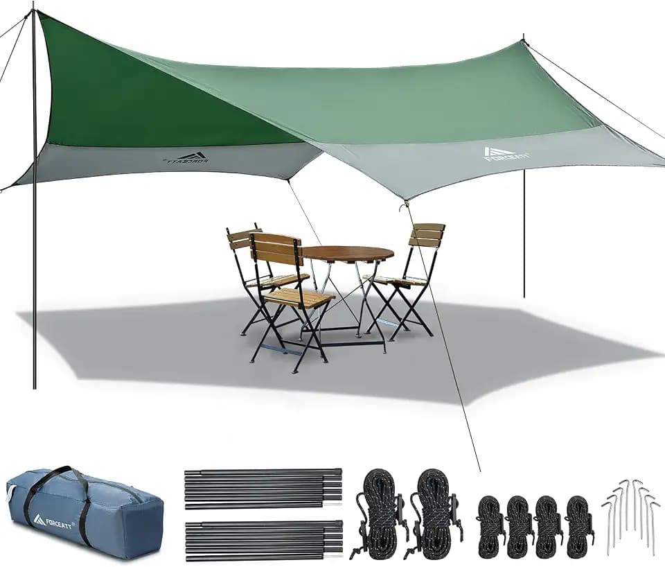 Forceatt 12x14FT Waterproof Camping Tarp with 2 Poles, Sun Shelter for Car, Tent, Hammock in Camping, Hiking, Backpacking, Garden and Traveling