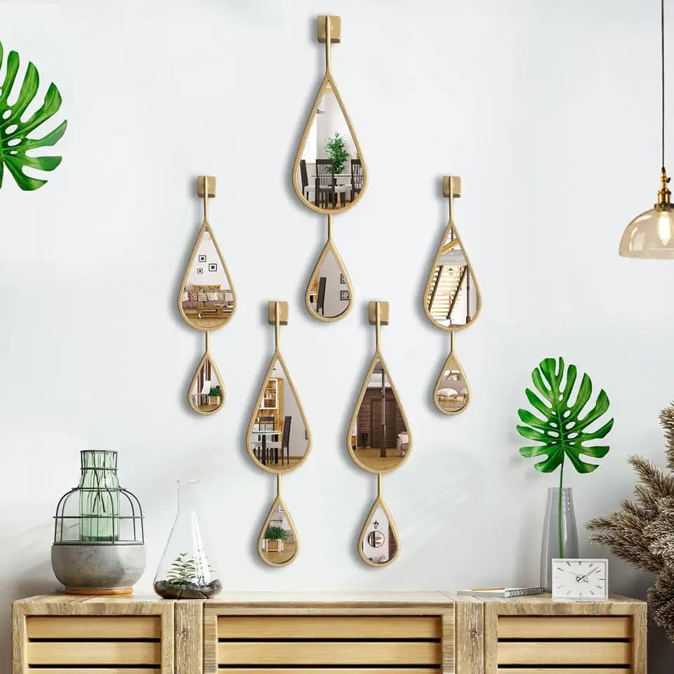 BAODANFU Wall Mirror Decorative Mirrors Mounted Decor Tear Drop Shape Gold for Bedroom Living Room Entryway Bathroom Vanity Brassy Gold Metal Frame, 5-Pack Mirrors Set