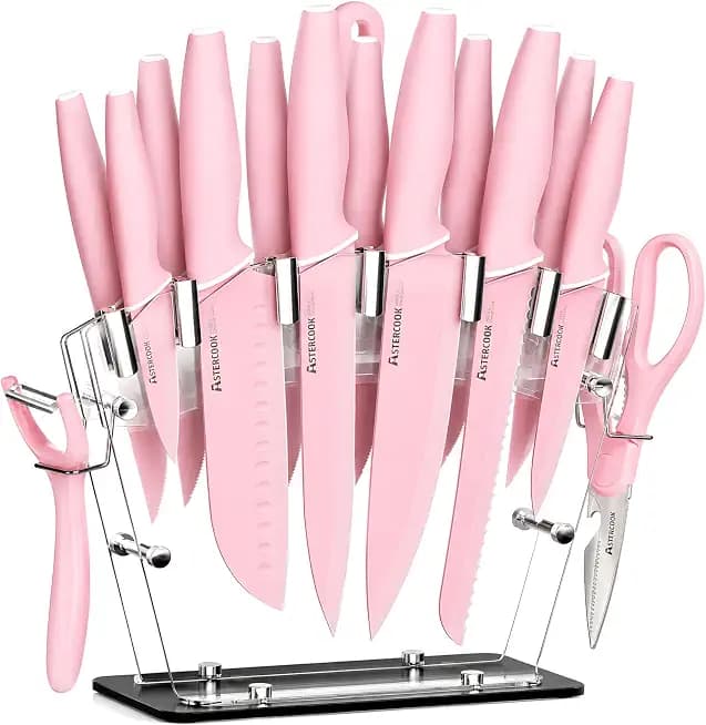 Astercook Knife Set with Block and Sharpener, 22 Piece Kitchen Knife Set Dishwasher Safe, Space-Saving Clear Knife Block with Knives for Everyday Home Cooking Pink