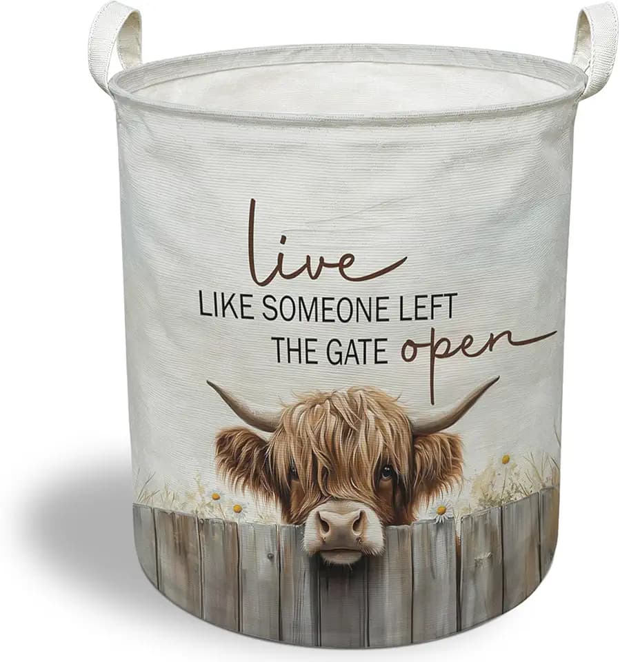 Vintage Highland Cow Laundry Basket, Western Cow Collapsible Laundry Hamper with Handles, Live Like Someone Left the Gate Open Clothes Toy Storage Bins Containers Basket for Bathroom Bedroom
