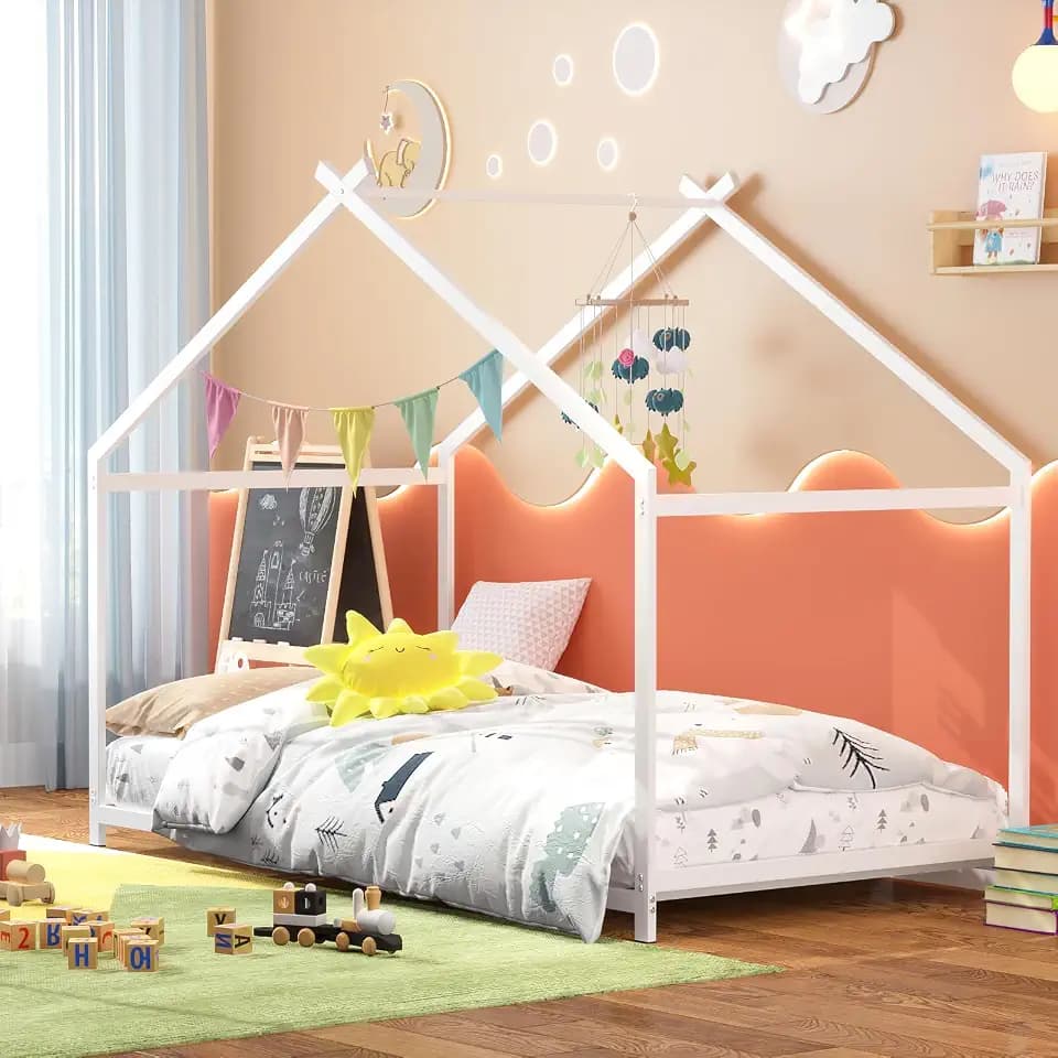 Timy House Shape Twin Size Montessori House Bed Metal Floor Bed for Kids
