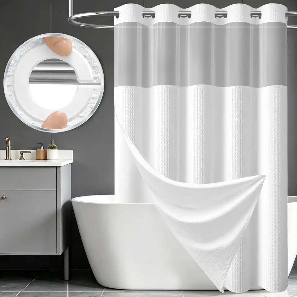 Dynamene Ringless Waffle Weave Fabric Shower Curtain Set, White, 60"x75"