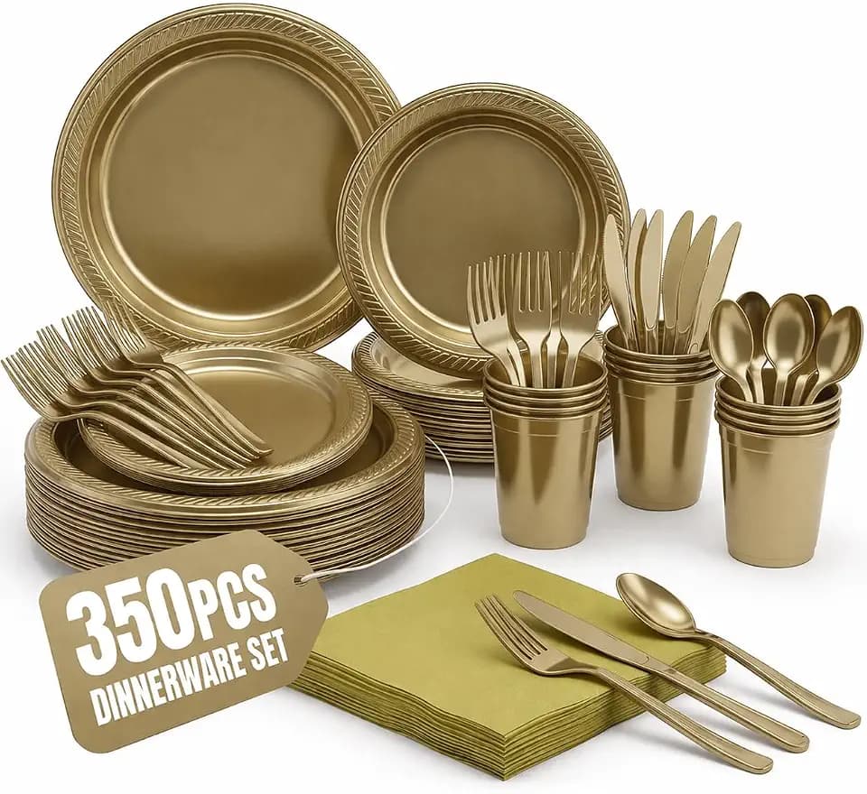 Disposable Party Kit for 50 Guests – 350-Piece Complete Set (Gold)