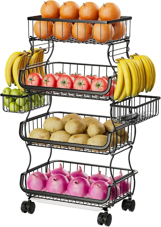 Simple Trending Stackable Cart, Fruit Vegetable Basket with Wheels, 4 Tier