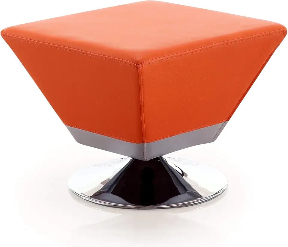 Manhattan Comfort Diamond 360° Swivel Ottoman, Vegan Leather Upholstery, Beveled Square Top with Stylish Chrome Base, Fully Assembled Modern Accent Foot Stool, Small, Orange