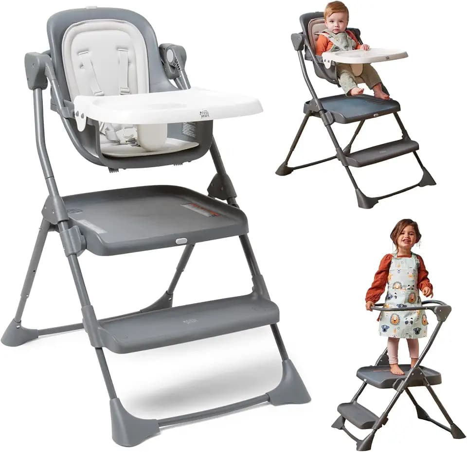 The First Years Foldable Toddler Tower and High Chair - 2-in-1 Baby High Chair and Toddler Step Stool - Adjustable Grow with Me Height - Folds Flat & Easy to Clean - Kids Stool with Non-Slip Surface