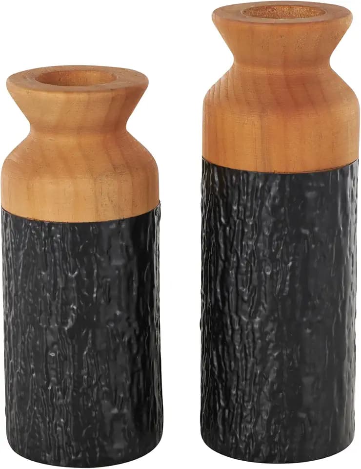 Deco 79 Metal Decorative Vase Abstract Textured Color Block Centerpiece Vases with Brown Wood Tops, Set of 2 Flower Vases for Home Decoration 11", 10" H, Black