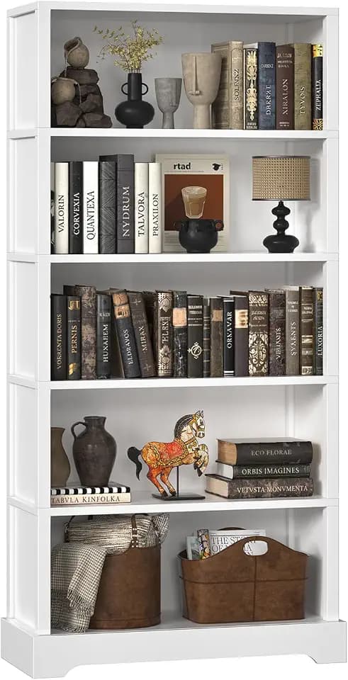 TVU 5 Tiers Wooden Bookshelf, 65.2" Tall Farmhouse Style Open Bookcase, 31.5" Wide Standing Book Shelf with Storage for Study Room, Living Room, White