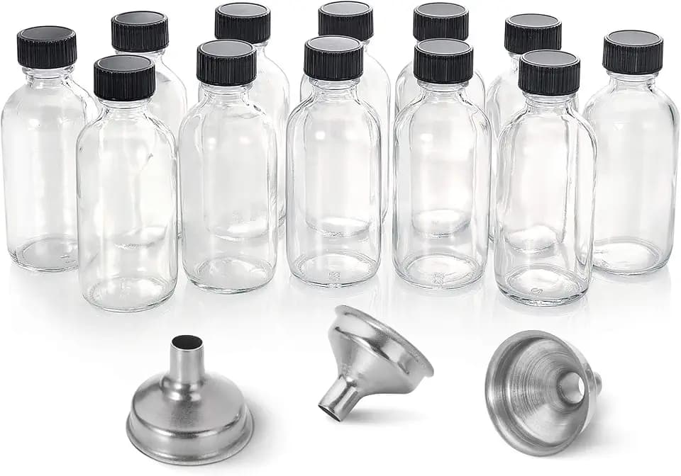 12 Pack 2 oz Small Clear Glass Shot Bottles with Caps, 60ml Travel Bottles