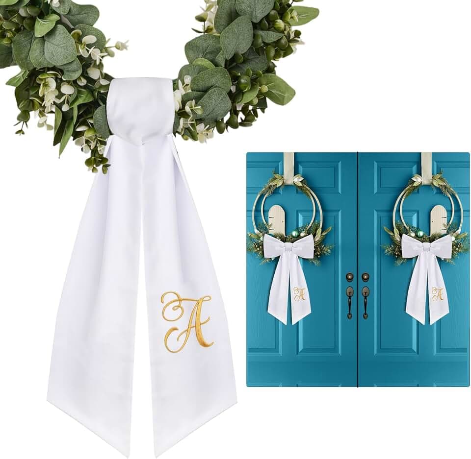 2 Pack Wreath Sash for Front Door Monogrammed Embroidery Wreath Sash for Boxwood Front Door Porch Wreath Garland Decor(Letter A)