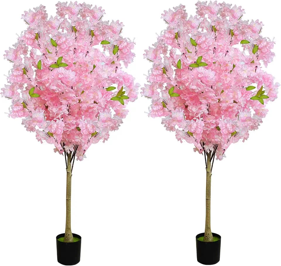 2 Pack Artificial Cherry Blossom Tree,4FT Faux Cherry Blossom Plant in Pot with Pink Flowers,Artificial Silk Plants for Indoor Outdoor Decor,Front,Living Room,Office,Patio