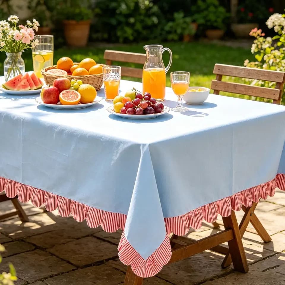 JarThenaAMCS Scalloped Tablecloth Blue Table Cloth with Red White Stripe Edge Rectangle Decorative Table Cover for Summer Baby Shower Wedding Birthday Party Home Kitchen Dining Decor, 60 x 84 Inch