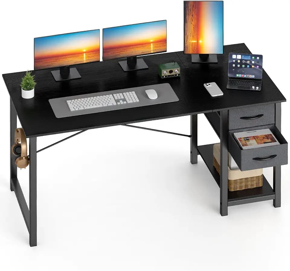 Sweetcrispy 47 Inch Computer Desk with Drawers for Home Office Writing Desk X Shaped Reinforcement Wood Surface Adjustable Position Modern Study Work Side Hook Metal Frame Storage Station Black