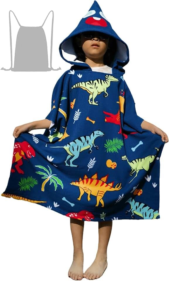 Soft Swim Cover-ups for 3 to 10 Years Old Kids Navy Blue Dinos Hooded Bath Beach Poncho Towels