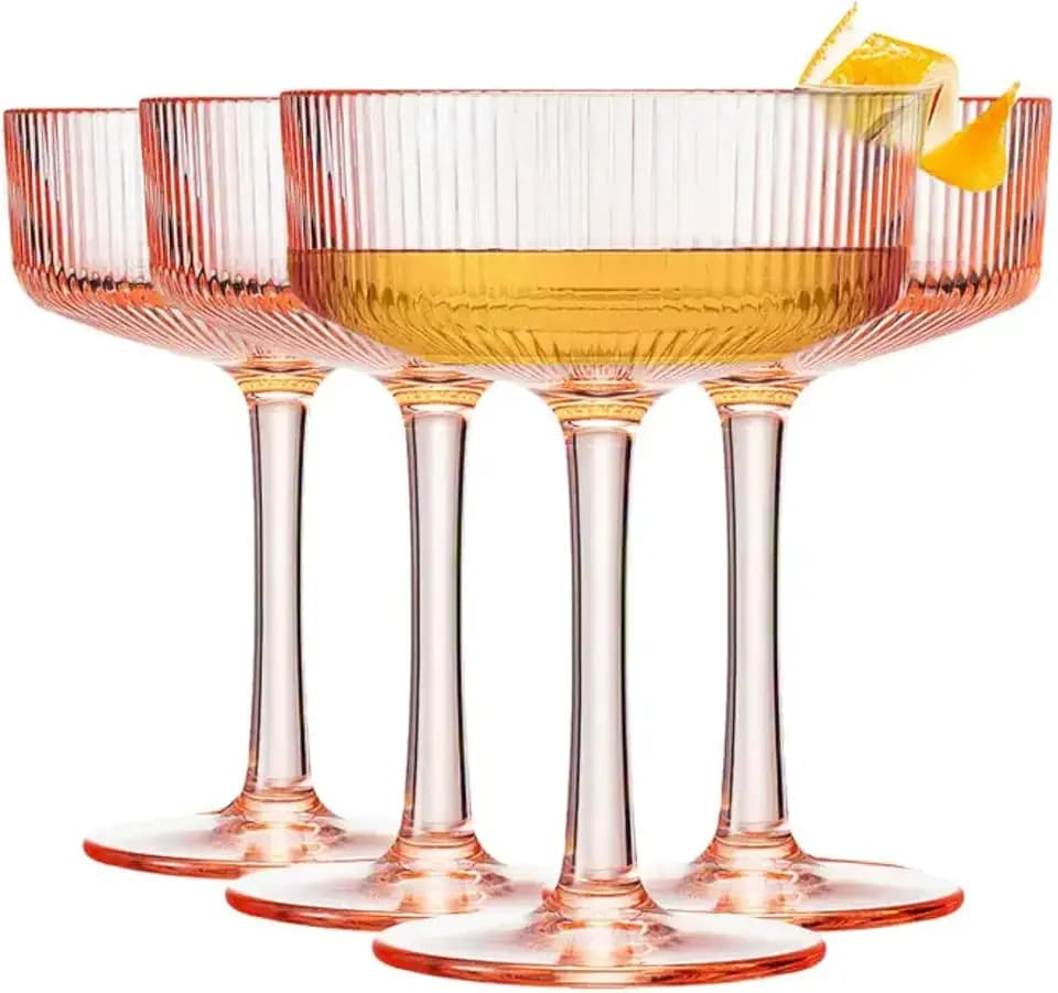 Khen Pink Peach Acrylic Ribbed Coupe Martini Champagne Cocktail Glasses, Set of 4, 8 oz Shatterproof Ripple Stemware European Style Reusable Drinkware Goblets, Indoor Outdoor Parties Weddings Bar Gift