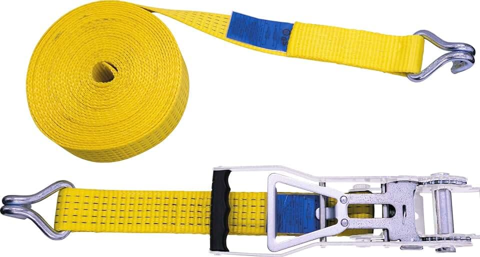 PETEX 43193719 Ratschenspanngurt 2-Teilig, 12 M, 50 mm, 2500/5000 Dan, Doppelspitzhaken, Ratsche 35 cm, Gelb