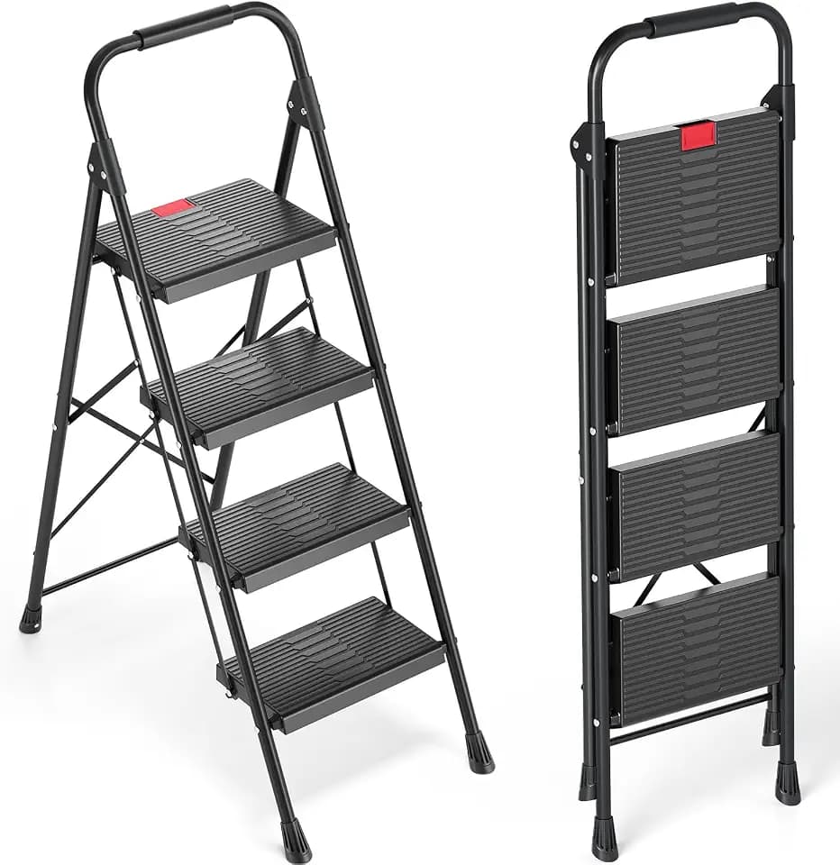 TOOLF 4 Step Ladder, Folding Steel Step Ladder with Handrail, Black