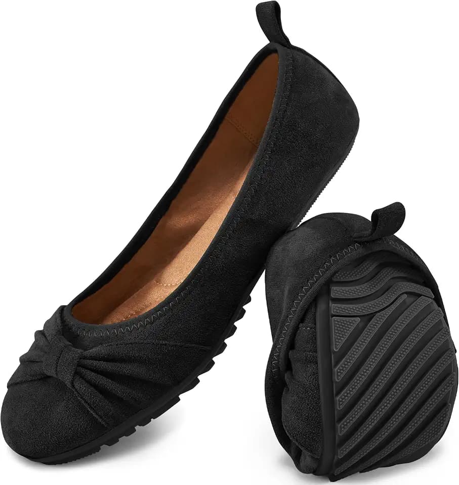 Ecetana Comfortable Ballet Flats for Women: Lightweight Cushioned Foldable Slip-On Work Shoes with Memory Foam - All Day Walking Comfort - Dressy Flats for Office Business