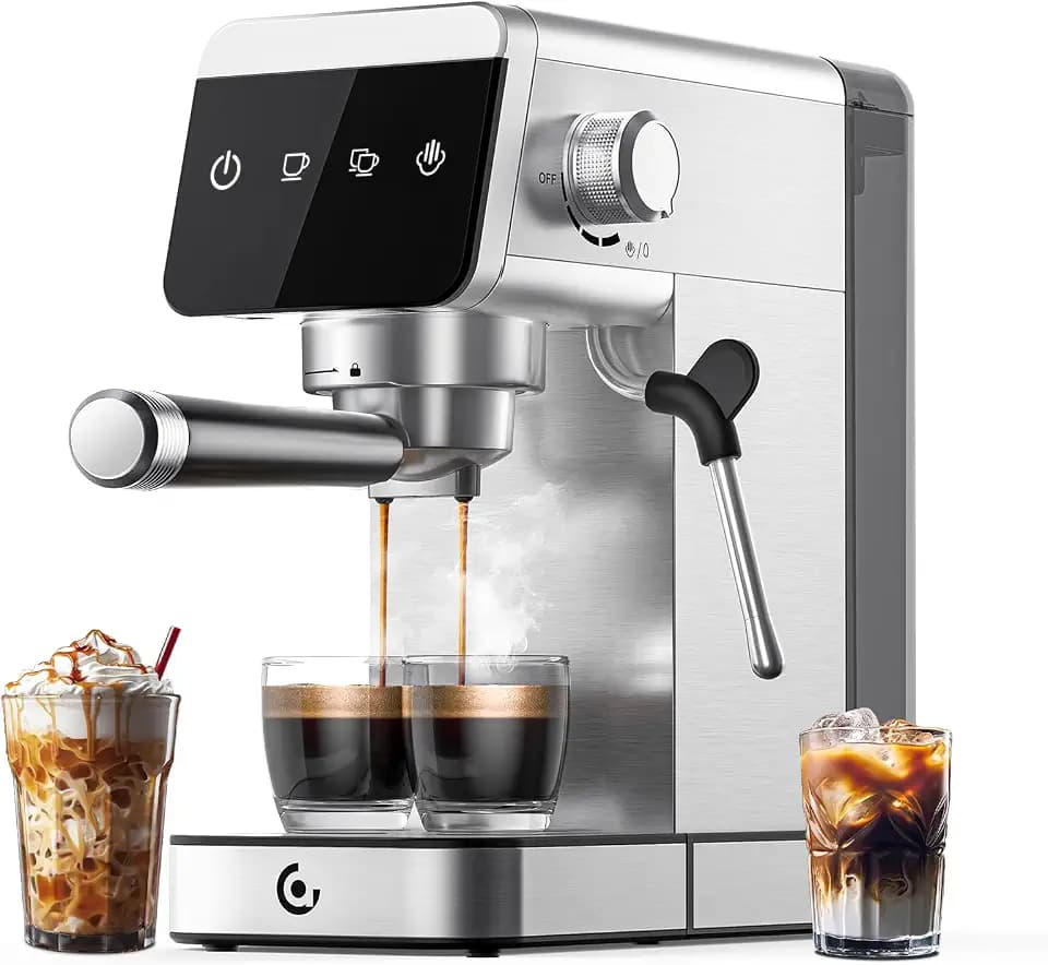 AMZCHEF Compact Espresso Machine with Milk Frother, 20 Bar, Silver White
