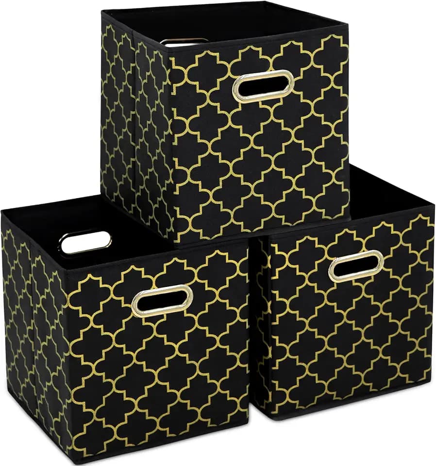 Fabric storage bins Cubes, Fabric Cube Organizer with Handle, Foldable Cube Bins for Cloth or Accessary Storage, 11x11x11, Set of 3, (Black Gold)
