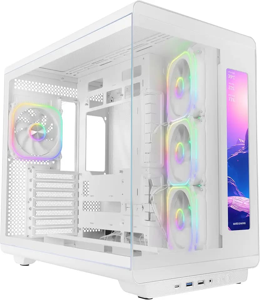 Mars Gaming MC-REVMAX, ATX PC-Gehäuse, IPS-Bildschirm 11,8", Durchgehendes Gehärtetes Glas, 4 PWM ARGB Lüfter, Flüssigkeitskühlung 360mm, Kompatibel Mainboards Umgekehrtem Anschluss, USB-C, Weiß