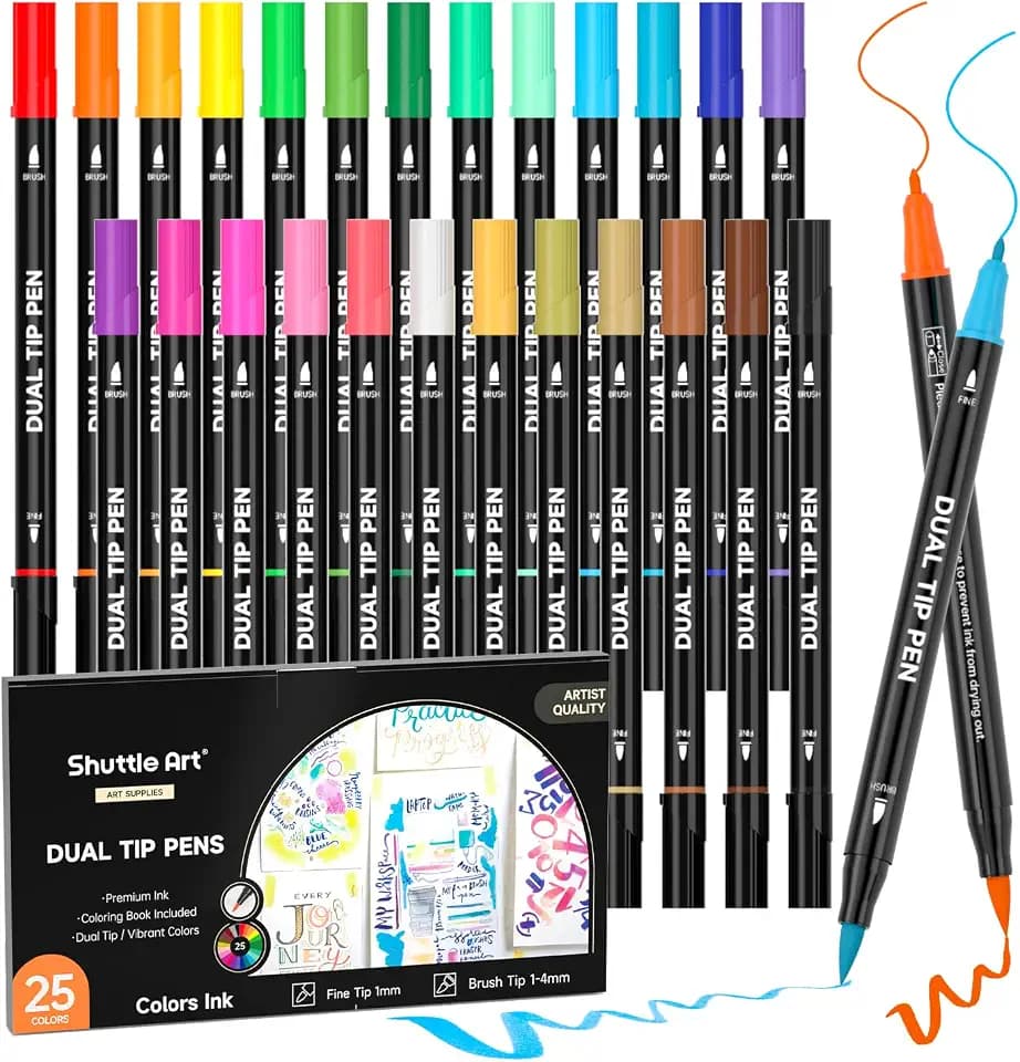 Shuttle Art Dual Tip Brush Markers 25 Colors Water-Based Ink