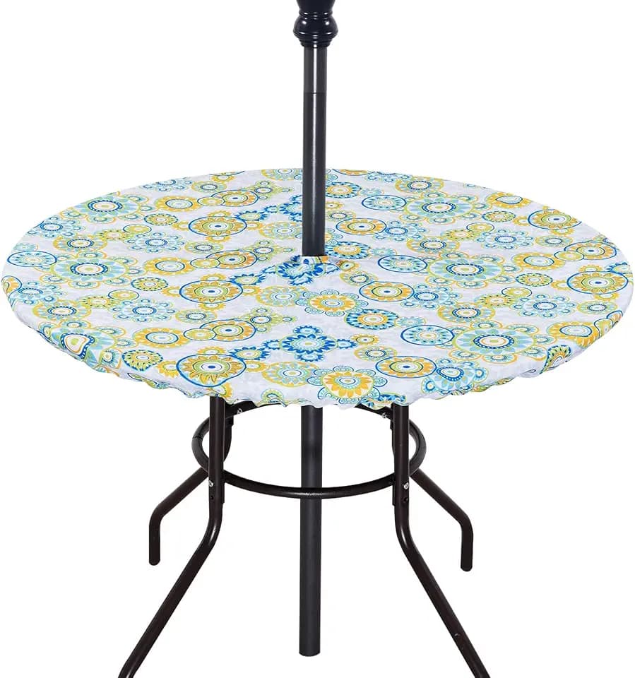 Poise3EHome Fitted Round Outdoor Tablecloth, Polyester SpillProof Floral Table Cloth with Umbrella Hole Zipper Elastic for Patio Garden Poolside Picnic Fits to 40"-46" Patio Table