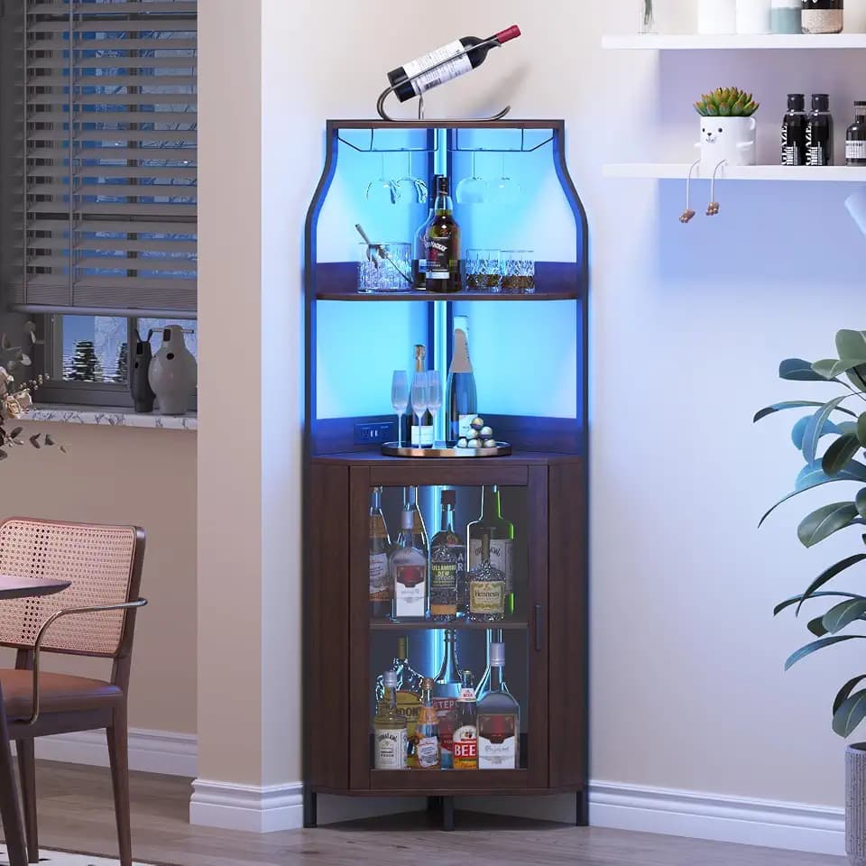 Garvee Corner Wine Bar Cabinet,5-Tier Farmhouse Corner Liquor Storage Cabinet with Barn Door,Glass Rack,Adjustable Shelves,Home Bar Storage for Dining Room,Kitchen,Living Room Rustic Brown