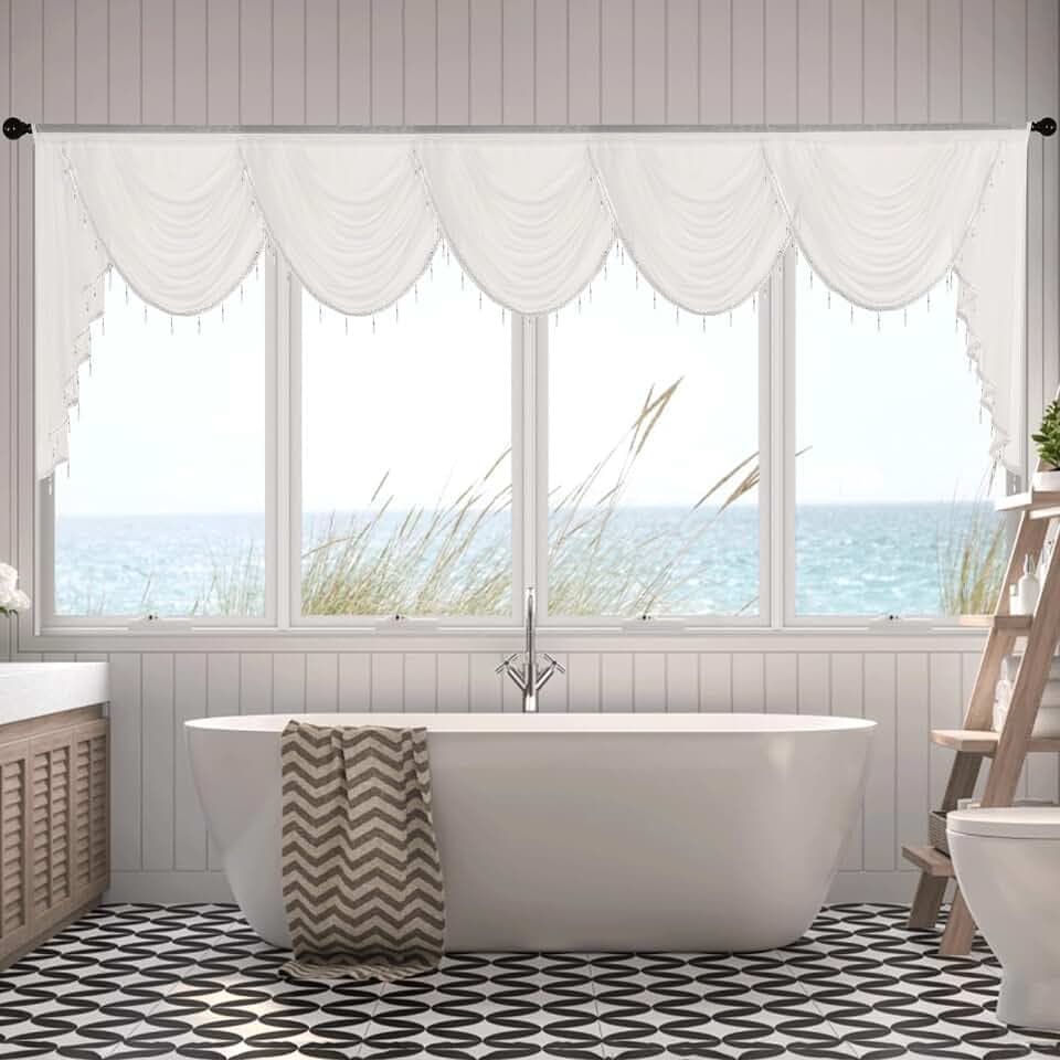 NICETOWN Fall Swag Curtains with Beaded Tassel, Farmhouse Style Sheer Window Valances for Living Room Bedroom, Light Filtering Semi Sheer Window Covering, 1 Panel, 110" W x 40" L, Light Beige