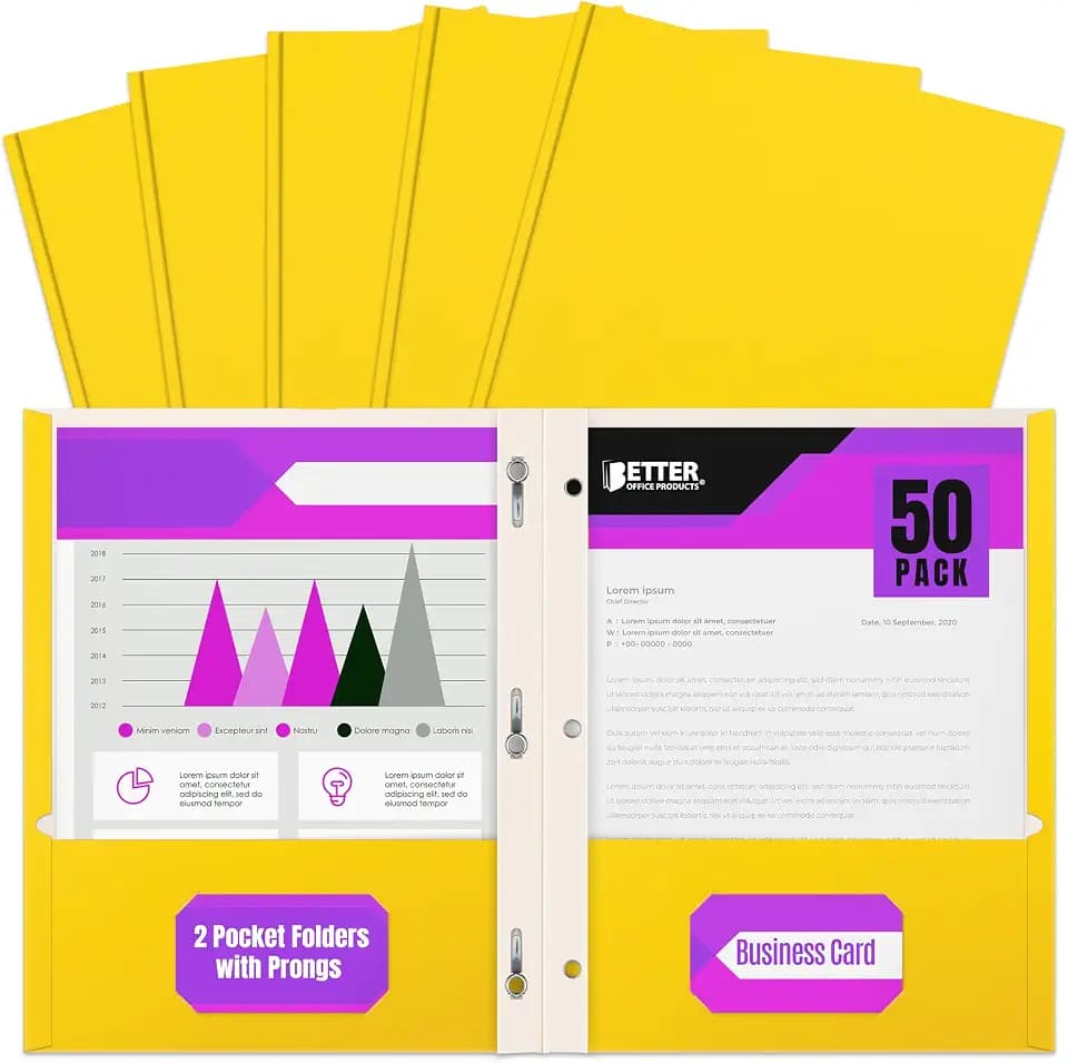 Better Office Products Yellow Paper 2 Pocket Folders with Prongs, 50 Pack, Matte Texture, Letter Size Paper Folders, 50 Pack, with 3 Metal Prong Fastener Clips, Yellow