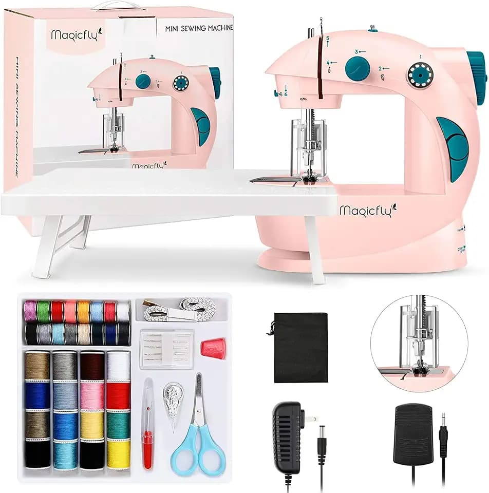 Magicfly Mini Sewing Machine with Extension Table, Dual Speed Portable Sewing Machine for Beginners with Light, Sewing Kit for Household Use, Pink