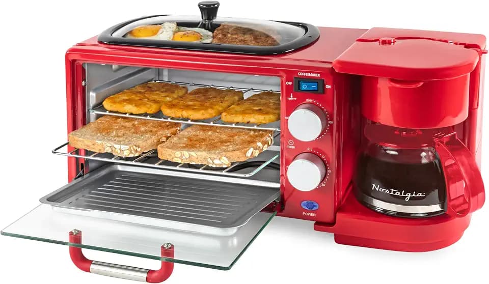 Nostalgia 3-in-1 Retro Breakfast Station - Includes 5 (4 Oz) Cup Coffee Maker, Non-Stick Ceramic Griddle, and 4-Slice Toaster Oven - Built-In Timer, Reusable Coffee Filter, Space-Saving Design - Red