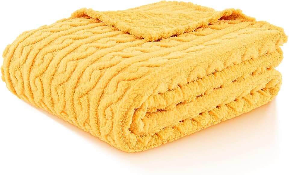 FY FIBER HOUSE Sherpa Blanket - 3D Pattern Design Yellow Throw Blanket for Sofa Couch, Bed, Warm Super Soft Cozy Microfiber Fleece Blanket for Living Room, Throw 50”x60”