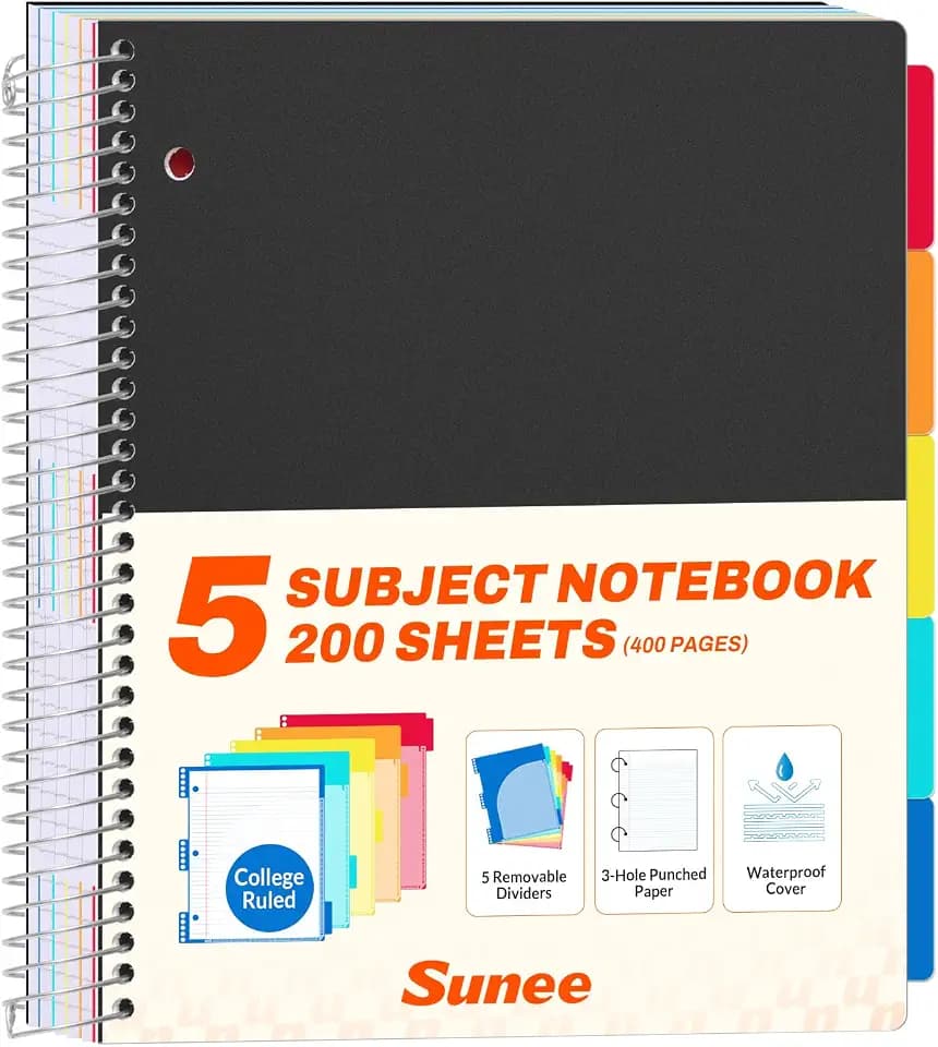 SUNEE 5 Subject Notebook College Ruled - 400 Pages, 9"x11", 5 Pocket Colored Dividers, 3-Hole Punched Paper, Black