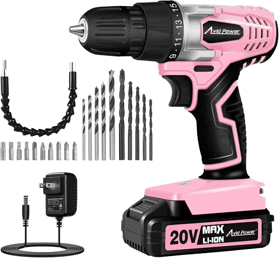 AVID POWER 20V Cordless Drill Set for Home DIY & Beginner Projects - Lightweight Power Drill with Battery Charger & 22 Bits, Variable Speed, 3/8" Keyless Chuck, Ideal for Furniture Assembly (Pink)