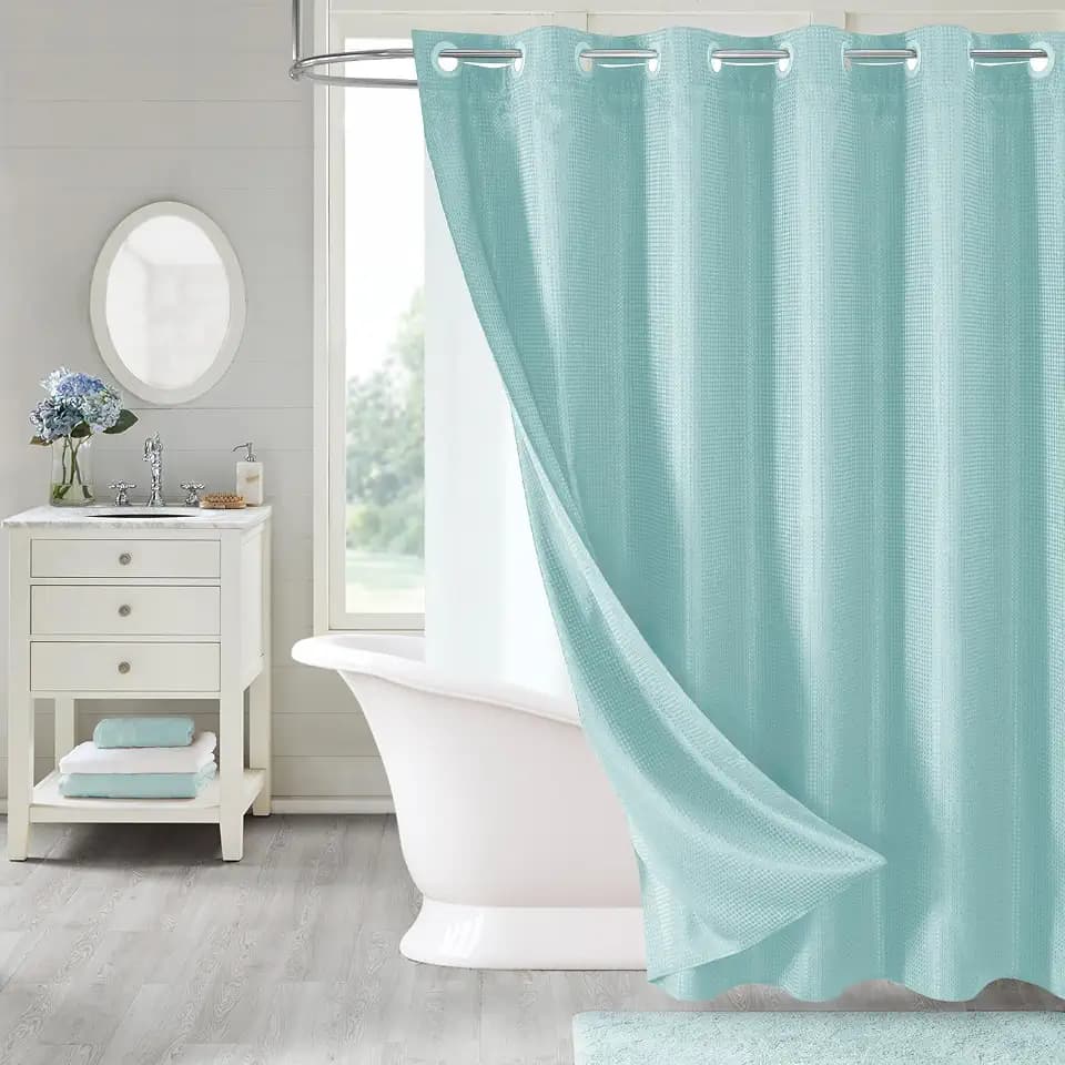 MitoVilla No Hook Weave Fabric Shower Curtain with Snap-in Liner Teal,72x74