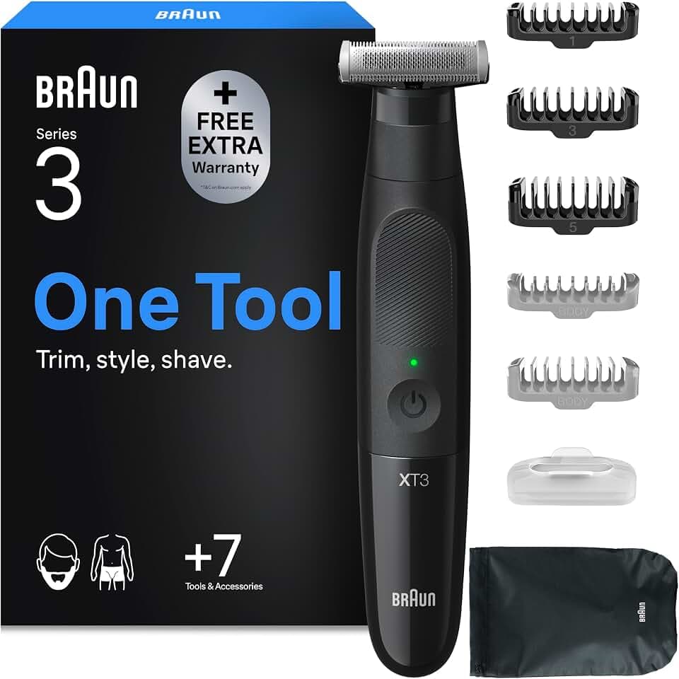 Braun Series XT3 Gesicht & Körper, Elektrischer Rasierer, Barttrimmer & Bodygroomer, 7 Zubehörteile, Körperrasierer mit Sensitiv Kammaufsatz, 45 Min Akku, Wasserdicht, XT3200, Schwarz