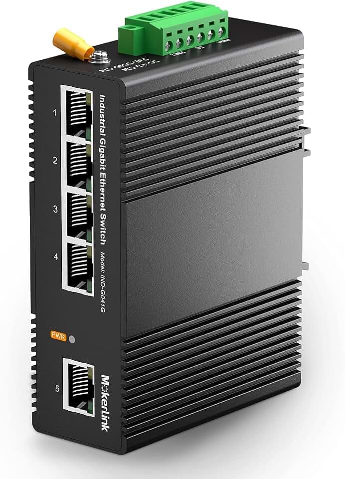 MokerLink 5 Port Gigabit Industrial DIN-Rail Ethernet Switch Hutschiene, 14Gbit/s Schaltkapazität, IP40 Unmanaged Network Switch (-40 bis 185°F), mit Netzteil