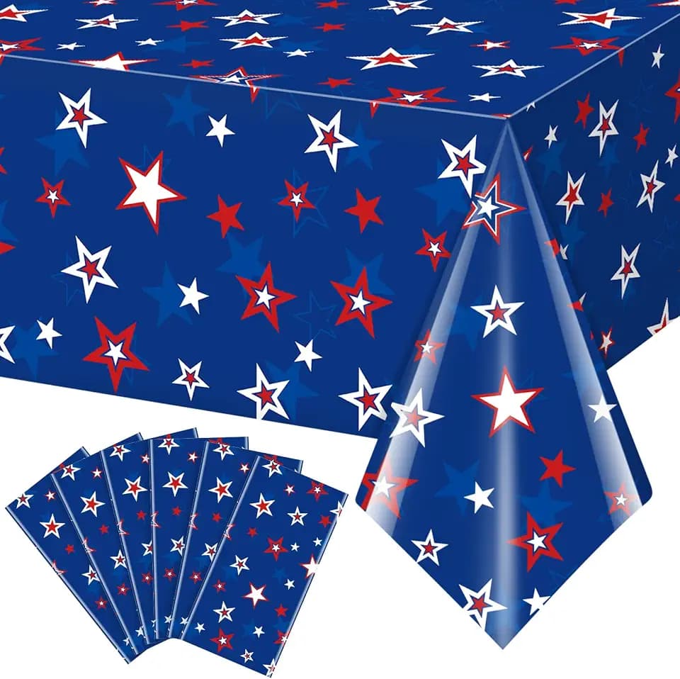 6 Pack Memorial Day Tablecloth Decorations, 4th of July Plastic Table Cloth American Patriotic Red White Stars Disposable Rectangle Table Cover for Independence Day Themed Party Supplies, 54x108 Inch