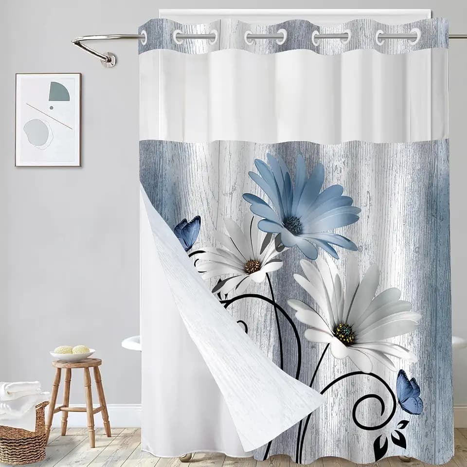 Hookless Shower Curtain with Snap in Liner, Blue Floral, 72W x 81L