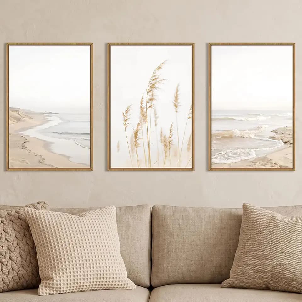 HPNIUB Modern Beach Waves Framed Wall Art Set,Seaside Reed Pathway Wall Decor,Minimalist Neutral Coastal Landscape Printing,Boho Seascape Nature Artwork for Living Room, Bedroom,Bathroom-16''x24''x3