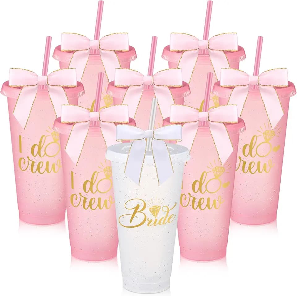 Barydat 24oz Bridesmaid Plastic Tumbler with Straw Lid and Bow, Pink, 8 Pcs