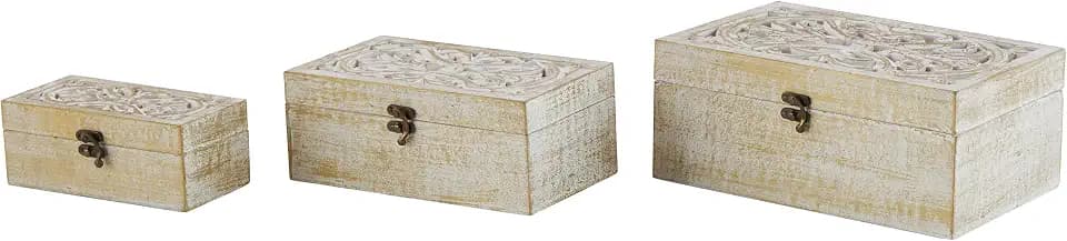 Deco 79 Mango Wood Floral Handmade Decorative Box Decorative Keepsake Boxes with Hinged Lid, Set of 3 Storage Boxes 8", 10", 12"W, White