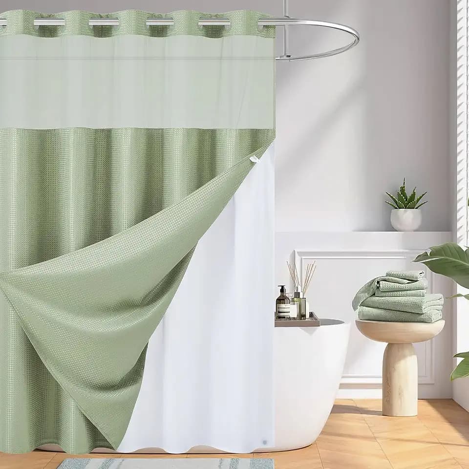 Furlinic No Hook Fabric Shower Curtain with Snap in Liner Sage Green 72x96