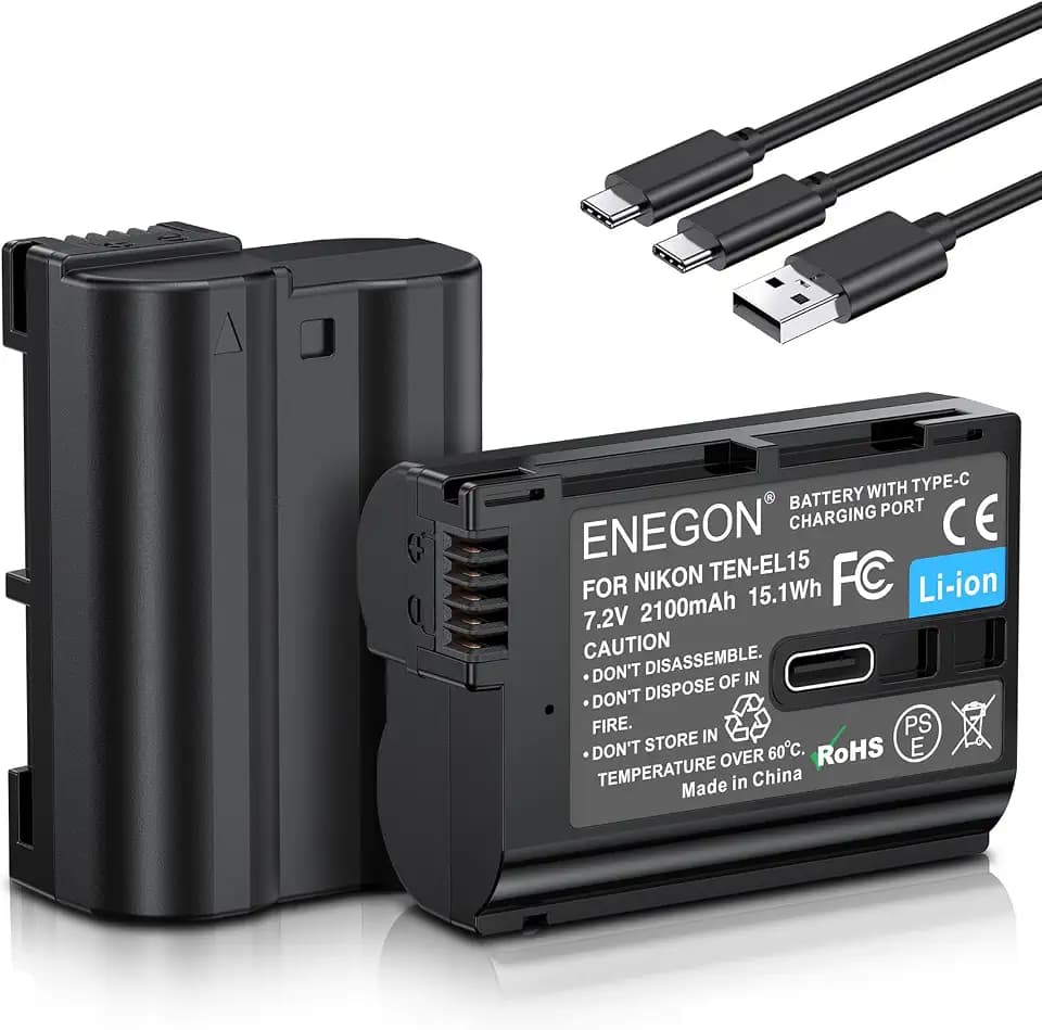 ENEGON EN-EL15/EL15C USB-C Direktladung Ersatzakkus 2100mAh (2er-Pack) mit 2-in-1 USB-C Ladekabel fü Nikon D7100 D750 D7000 D7200 D610 D880,D810 D800 D600 D800e D810a Z5 Z6 Z7 Z8 ZF