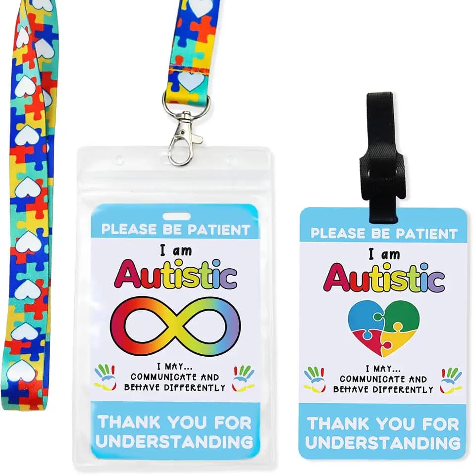 2 Pack Autism Alert Card Set, Autism Safety Label Card, Custom Text Autism Medical ID Tags with Autism Lanyard, Waterproof Card Holder, Hook and Loop Closure for Special Needs (1 Rainbow+ 1 Love)
