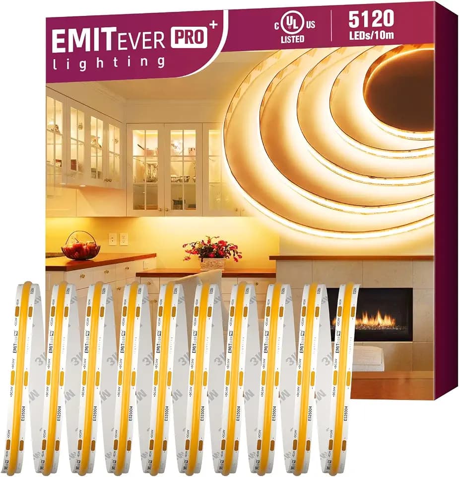 EMITEVER COB LED Strip Lights 2700K 24V, 32.8ft/10m, 5120LEDs, UL Listed